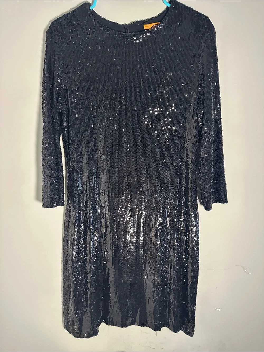 Tory Burch Black Sequin Top with Orange Logo Tag